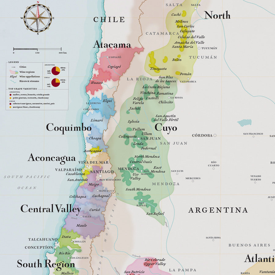 Wine Map of Argentina and Chile Poster 50 x 70 cm La Carte des Vins